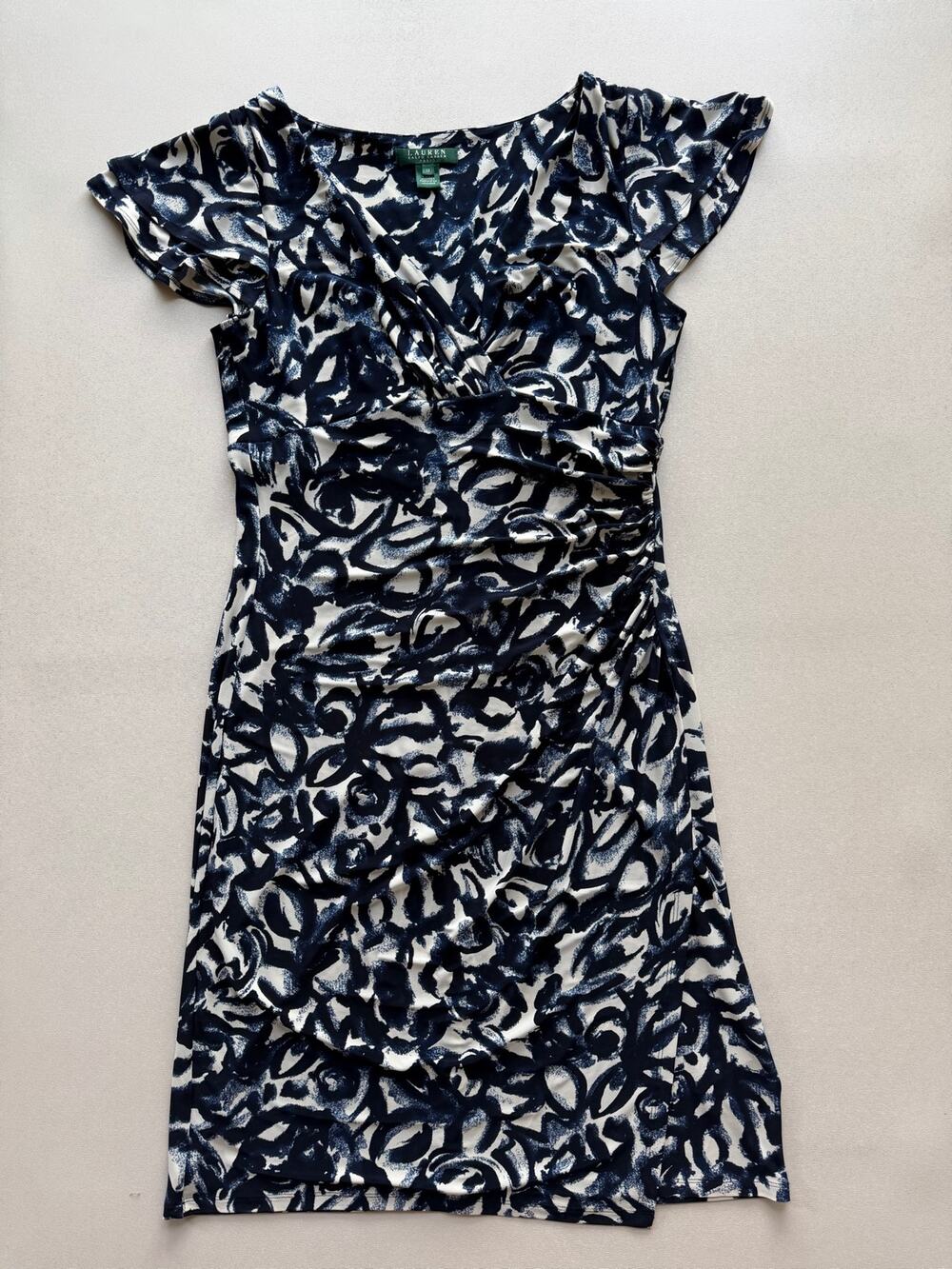 Lauren Raph Lauren Women's Navy White Abstract Floral Print Jersey Dress Size 12